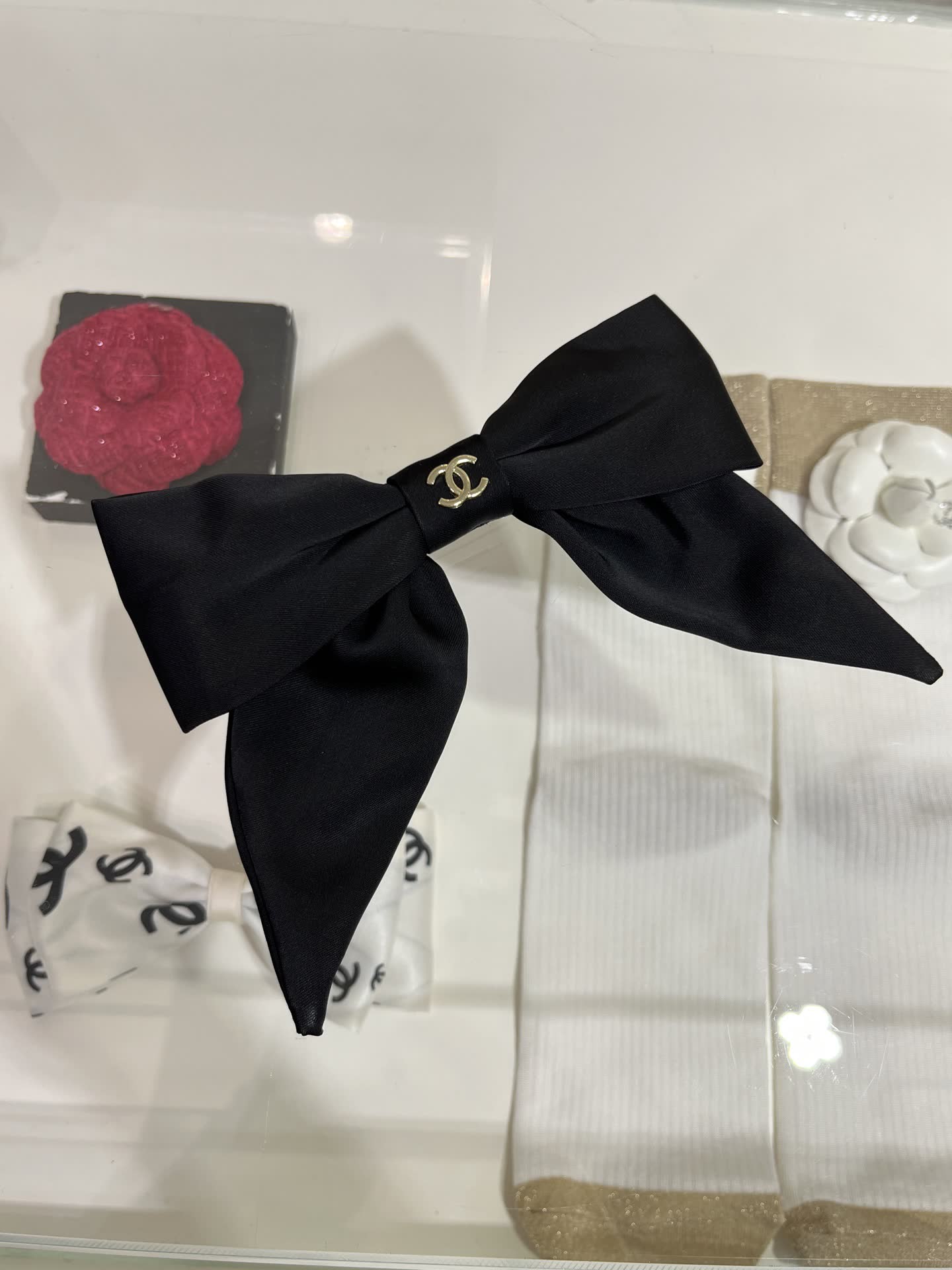 Chanel Black Satin Hair Clip with Bow